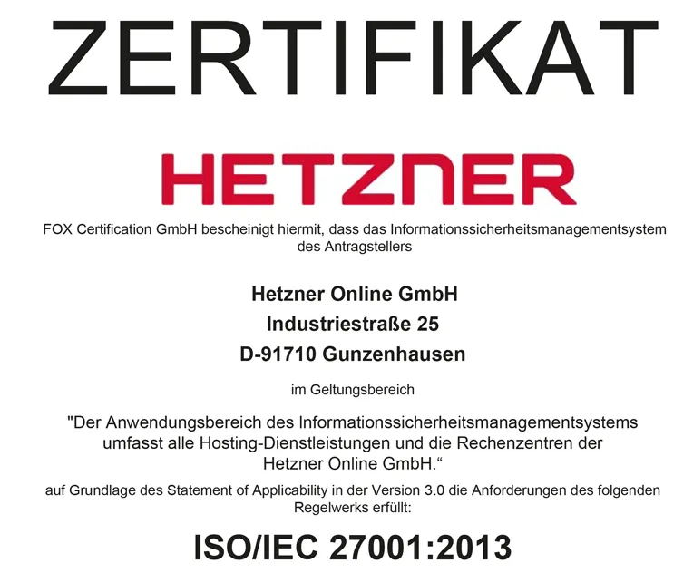 ISO/IEC 27001:2013 Zertifikat