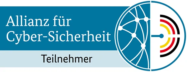 Logo der Allianz für Cyber-Sicherheit mit dem Schriftzug ‚Allianz für Cyber-Sicherheit‘ und einer stilisierten Weltkugel sowie einem abgebildeten Teil des Bundesadlers in den Farben Schwarz, Rot und Gold. Darunter steht ‚Teilnehmer‘.