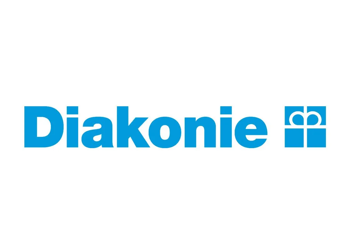 Logo der Diakonie in blauer Schrift mit einem stilisierten Kreuzsymbol.