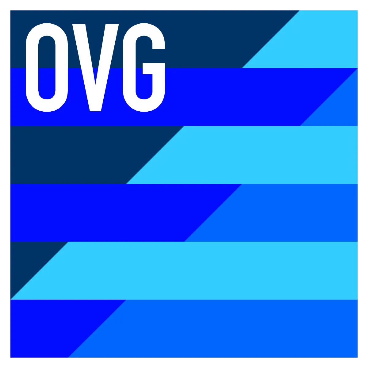 Logo der Oberhavel Verkehrsgesellschaft (OVG) mit blauen diagonalen Streifen und dem Schriftzug "OVG".