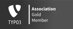 TYPO3 Gold Member Association Logo mit grauem Hintergrund und dem Schriftzug "Gold Member".