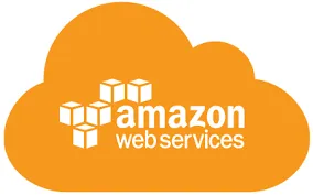 Amazon Web Services (AWS) Logo mit einem orangefarbenen Wolkensymbol und weißen Würfeln.