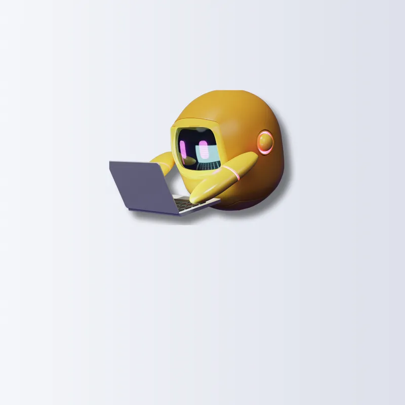 Illustration eines gelben Roboters mit einem Laptop, der KI-gestütztes Arbeiten symbolisiert.
