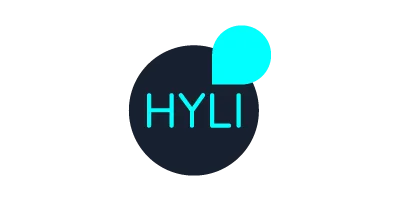 Logo von HYLI mit einem stilisierten Kreis und dem Schriftzug "HYLI" in hellblauer Farbe.