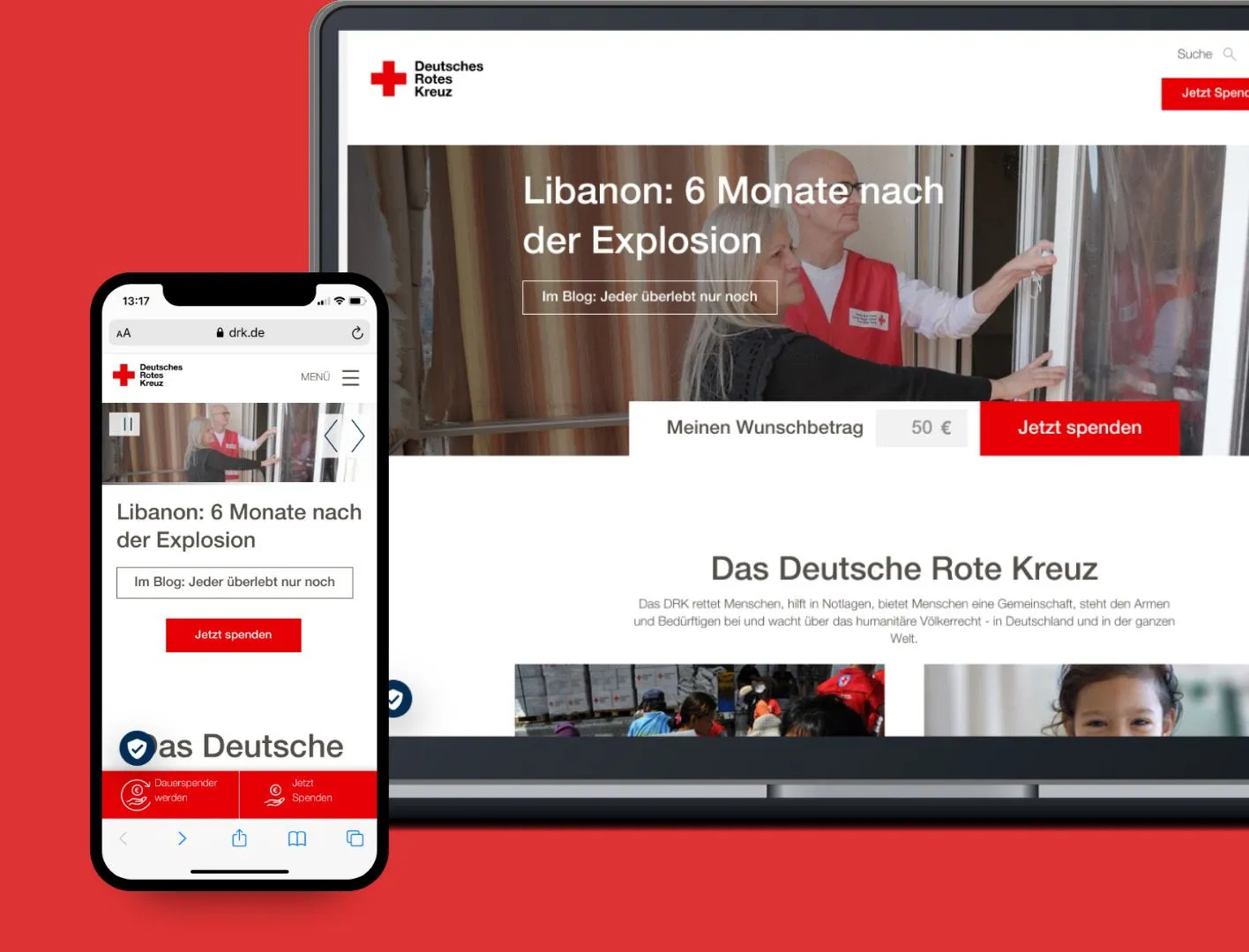 Responsive Website des Deutschen Roten Kreuzes auf einem Smartphone und einem Laptop, optimiert für verschiedene Bildschirmgrößen.