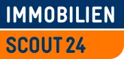 Logo von ImmobilienScout24 mit den Worten „IMMOBILIEN“ in einem blauen Balken und „SCOUT24“ in einem orangefarbenen Balken darunter.