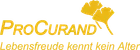 Logo von ProCurand mit gelbem Schriftzug, Ginkgo-Blatt-Symbol und dem Slogan "Lebensfreude kennt kein Alter".