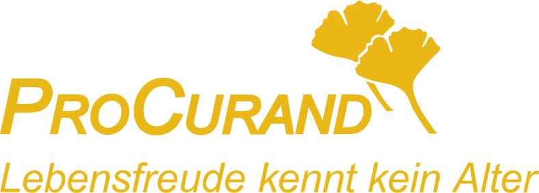 Logo von ProCurand mit gelbem Schriftzug, Ginkgo-Blatt-Symbol und dem Slogan "Lebensfreude kennt kein Alter".