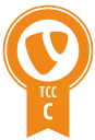 TCC Zertifikat Logo mit orangefarbenem Band und dem Buchstaben "C", das für die Zertifizierung von e-pixler steht.
