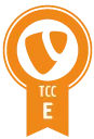 TCC Zertifikat Logo mit orangefarbenem Band und dem Buchstaben "E", das für die Zertifizierung von e-pixler steht.