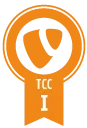 TCC Zertifikat Logo mit orangefarbenem Band und dem Buchstaben "I", das für die Zertifizierung von e-pixler steht.