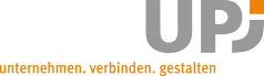 Logo von UPJ mit den Buchstaben „UPJ“ in Grau und dem Slogan „ihnen. verbinden. gestalten.“ in Orange darunter.
