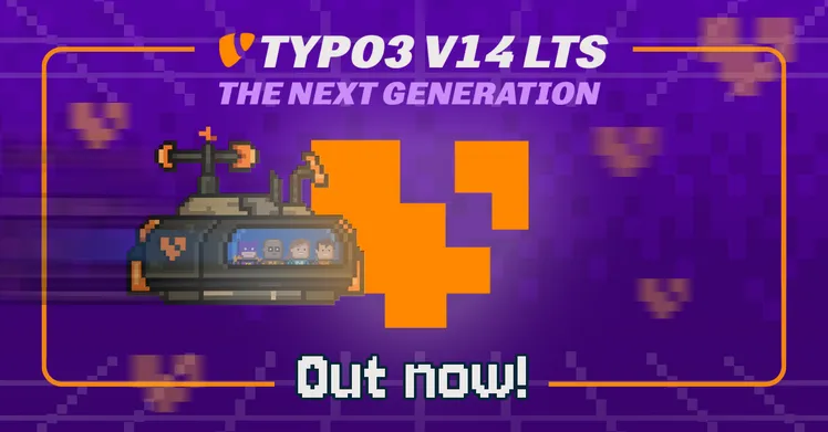 TYPO3 14 LTS – The Next Generation - mit großem TYPO3-Logo und pixelartigem Motiv auf violettem Hintergrund